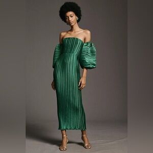 L'IDÉE Sirene Off-Shoulder Puff-Sleeve Pleated Midi Column Dress Anthroplogy
